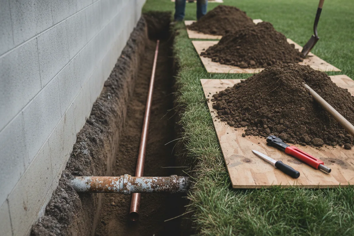 Excavated water line trench during Water Softener Installation in Lick Creek